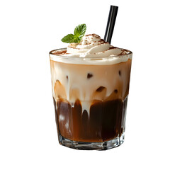 Delicious layered iced coffee with cream and ice cubes