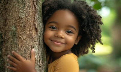 Young child hugging tree in celebration of Earth Day, living sustainably, advocating environmental responsibility and climate awareness, Generative AI