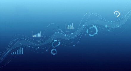 Abstract illustration showcasing financial data analysis with flowing lines charts and graphs in a blue gradient background