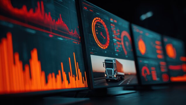 Monitoring a modern transportation network with real-time data displayed on multiple screens showing graphs, charts, and a truck on the road.