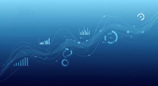 Abstract illustration showcasing financial data analysis with flowing lines charts and graphs in a blue gradient background