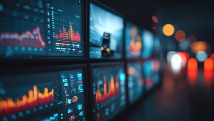 A wall of monitors displays complex data visualizations and blurred city lights, suggesting advanced analytics and urban activity.