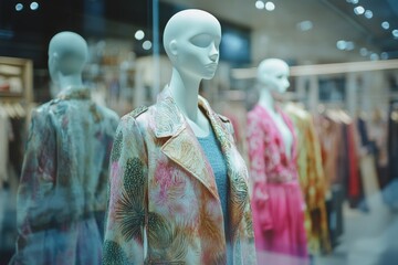 The fashion store features elegant mannequins dressed in the latest seasonal outfits, highlighting vibrant colors and modern designs. Stylish displays attract shoppers seeking trendy apparel