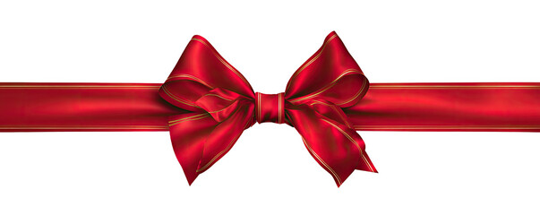 A vibrant red bow atop a wide ribbon against a black background