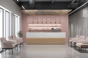 This beauty salon features a minimalist reception area showcasing modern furniture, soft lighting, and a calming atmosphere designed for client comfort and relaxation