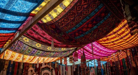 Vibrant fabric canopy showcasing colorful patterns and textures above, concept for cultural displays, bazaar decorations and exotic event themes