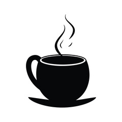 Black and white minimalist illustration of a steaming tea or coffee cup on a plate. Ideal for wellness, relaxation or cafe themes. Isolated on white background, simple classic design.