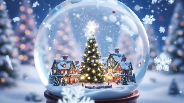 Animated Christmas snow globe with winter wonderland inside. Reveal decorated Christmas tree and snowfall. Merry Christmas 4k video. Crystal ball