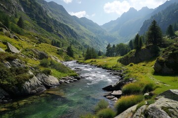 Obraz premium A winding river navigates through a pristine mountain valley surrounded by towering peaks and vibrant greenery under a bright blue sky. Nature thrives in this serene setting