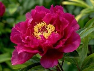 Close - up of Deep Purple Peony with Golden Stamens and Green Leaves, for Floral Design, Horticulture Promotion, Chinese Aesthetics, Decorative Illustration Scenarios