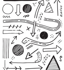 A chaotic, black and white vector illustration filled with hand-drawn doodles of various arrows, circles, and triangles in a sketchy and grunge-like style.