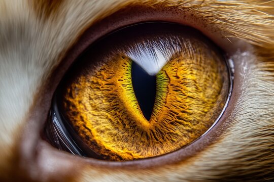 This close-up reveals the stunning detail of a cats eye, highlighting the intricate patterns and vibrant hues within the iris