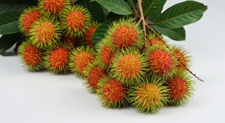 Vibrant Rambutan Fruit Cluster with Green and Red Spikes on a White Background