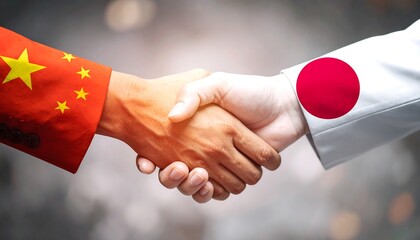 A handshake between two individuals, one wearing a sleeve with the Chinese flag and the other with the Japanese flag