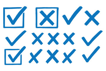 Check tick mark icon set. Cross box x check mark checkbox v list vector draw hand drawn sketch doodle brush marker checklist symbol wrong right circle. Vector Illustration © Top