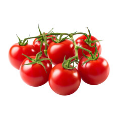 Cluster of ripe, red cherry tomatoes attached to stems