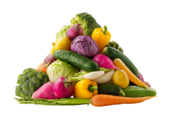 Pile Various fresh and healthy organic gardening harvest vegetables isolated on a transparent background