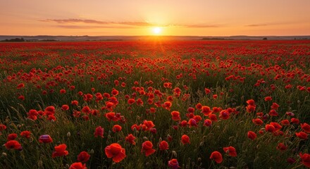 Fototapeta premium Vibrant Sunset Over Expansive Poppy Field Blooming Under Golden Sunlight in Rural Landscape