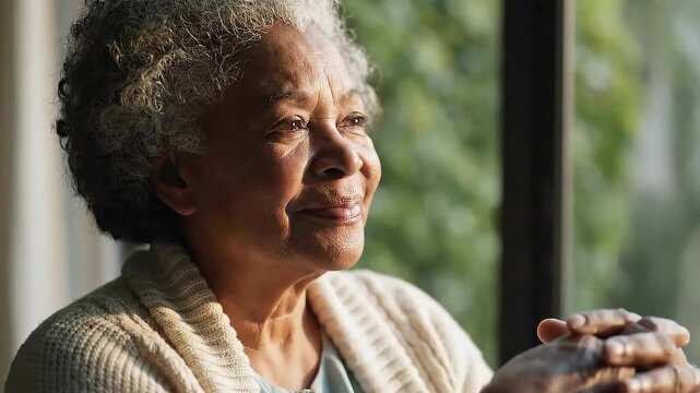 Elderly woman looks happy trough window. Positive relaxed elder African American homeowner, hotel guest lady by large window, looking at summer view, enjoying morning sunlight, smiling