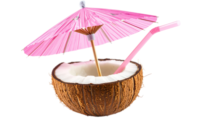 coconut water drink with straw and pink umbrella, isolated on a white background in PNG format