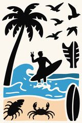 A vector illustration of a surfer on a wave making a peace sign, with palm trees, surfboards, seagulls, a crab, and a tropical leaf, in a stylized and colorful design.