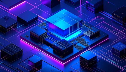 Futuristic Digital Circuitry with Neon Lighting and Geometric Cubes in Blue and Purple