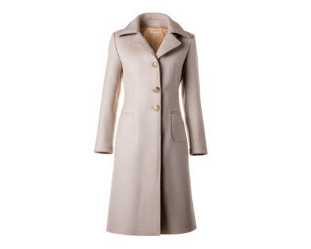 Long beige winter coat with minimal style, earth tone color, straight silhouette, button closure, and front pockets, perfect for elegant cold weather fashion