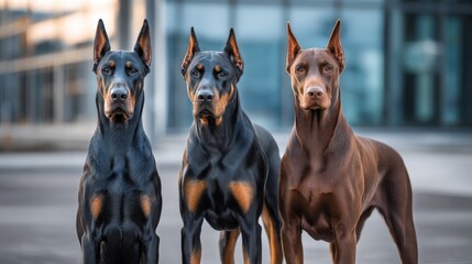 Three majestic Doberman dogs posing confidently outdoors in an urban setting