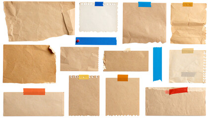 Vintage grunge-style torn note paper and colorful tape label collection, including ripped tags and message cards. 