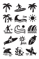 A set of black vector icons with a surf and beach theme, including surfers, palm trees, waves, a sun, and marine life on a white background.