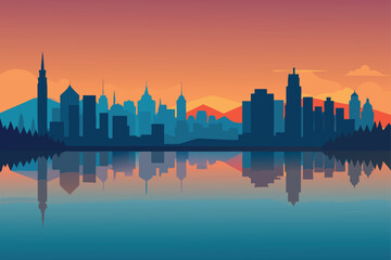 Fototapeta premium skyline reflected on glassy lake surface .eps