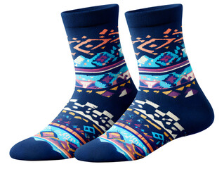Navy blue socks with pastel tribal pattern white background