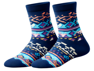 Navy blue socks with pastel tribal pattern white background