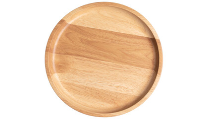 Top view of an empty round wooden plate, isolated PNG cutout on a transparent background
