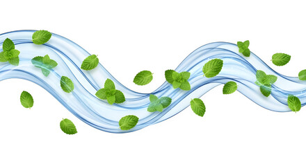 Refreshing mint leaves dance on cool blue waves, evoking crispness and natural vitality for vibrant branding and clean design elements.