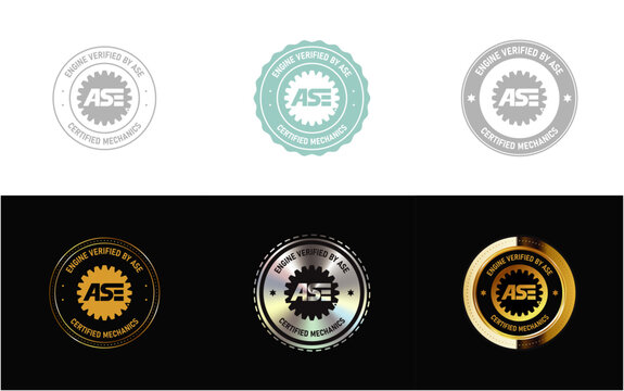 Engine Verified by ASE Certified Mechanics icon, stamp, seal, symbol and logo in minimal, gold, silver design vector