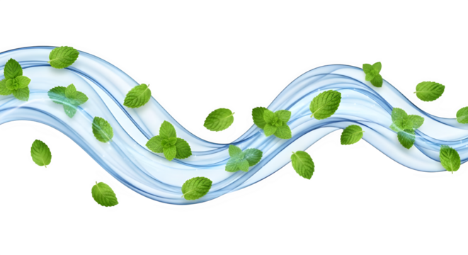 Refreshing mint leaves dance on cool blue waves, evoking crispness and natural vitality for vibrant branding and clean design elements.