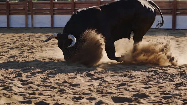 Dynamic low-angle video capturing a powerful bull kicking up sand in an arena, highlighting strength and motion in a dramatic style.