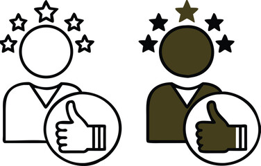 Credibility Icons. Black and White Vector Illustrations. Quality That Allows You to Believe or Trust. Reliability, Authority. Hand with Thumbs Up and Five Stars. Influencer Concept
