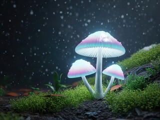 Fototapeta premium Fantasy-style mushrooms with glowing caps under soft snowfall, surrounded by moss and wet soil, cinematic lighting with a dark forest atmosphere
