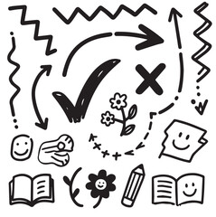 A black and white vector set of hand-drawn doodles, including a checkmark, arrows, smiley faces, flowers, and school supplies like books and a pencil.