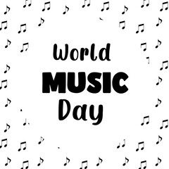 World Music Day on June 21. Banners, posters, stickers, musical notes, musical scales, musical instruments, flat designs.