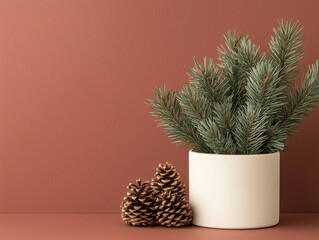 Minimalist Christmas decor with pine branches in white ceramic pot and pinecones on muted terracotta background