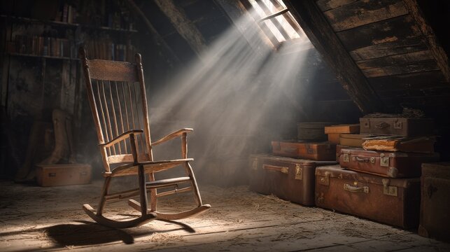 Sunlight streaming through attic window illuminating a vintage rocking chair and dusty storage - Powered by Adobe