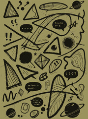 A chaotic, grunge-style vector illustration with hand-drawn abstract shapes, planets, and speech bubbles in black on a khaki background, with a retro doodle aesthetic.