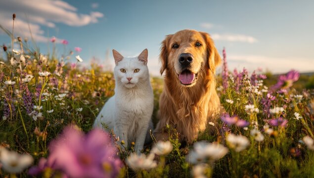 A golden retriever and a white cat sit together peacefully amongst wildflowers in a meadow under a bright, sunny sky, creating a heartwarming scene of friendship.