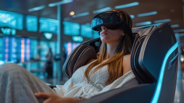 Relaxing traveler enjoying virtual reality experience in modern airport lounge area