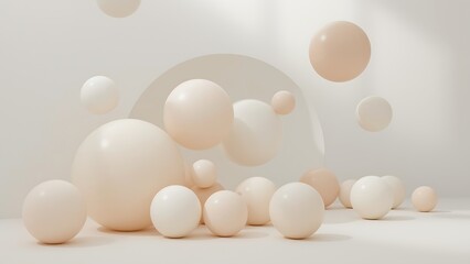 Fototapeta premium Minimalist composition of beige spheres floating in a softly lit studio with an archway in the background, creating a modern and abstract scene
