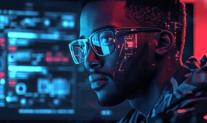 AI cyber security threat illustration, black African American IT specialist analyzing digital security challenges, featuring artificial intelligence collage, Generative AI