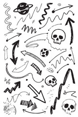 A black and white vector illustration filled with hand-drawn doodle elements including numerous arrows, wavy lines, three skulls, and two planets on a white background.